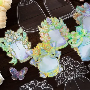 Holographic floral PET stickers with perfume bottles and butterflies for DIY crafts