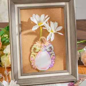 Holographic flower vase sticker with vintage patterns on a wooden frame backdrop