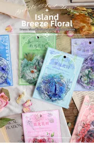 Macro detail of vintage floral PET stickers with 30 pieces of retro decorative botanicals
