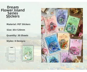 Detail view of 30pcs vintage floral PET stickers with size reference and lifestyle display