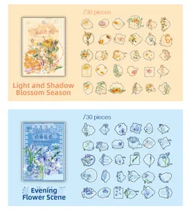 Detailed catalog of 30 retro floral PET stickers with artistic hand-drawn flower designs