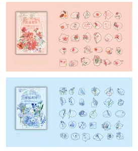 Detail of vintage watercolor floral PET stickers for scrapbooking in pink and blue sets