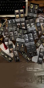 Vintage film-style decorative stickers set with retro portraits and European architecture