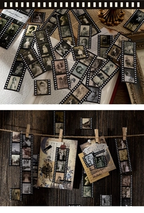 Detailed view of vintage film sequence stickers with old portrait and scenery prints