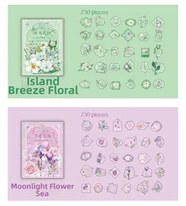 Macro shot of 30pcs vintage floral PET stickers in green and purple floral theme set