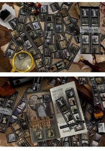Detail of vintage film style stickers for DIY scrapbooking with black and white retro photos