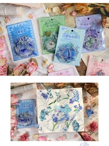 Detail of floral PET stickers with vintage frames and script for journaling