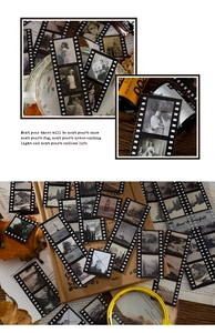 Macro detail of retro film-style decorative stickers with vintage scenery and portraits