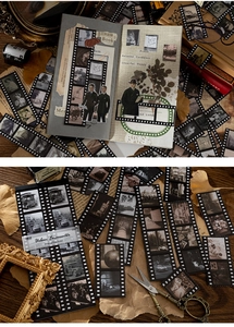 Detailed macro view of 15pcs vintage film strip stickers for DIY journaling decoration