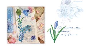 Detail of vintage blue floral and crystal PET stickers on romantic scrapbook paper