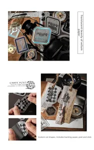 Macro-opname van doorschijnende calqueerpapier stickers met vintage klok- en typemachinemotieven