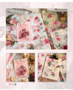 Detail of vintage PET floral stickers with romantic botanical designs for scrapbooking
