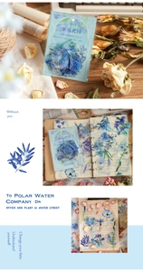 Detail of vintage blue flower PET stickers for journaling with 30 watercolor floral pieces