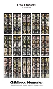 Detailansicht der Vintage-Filmstreifen-Aufkleber mit 75 einzigartigen Retro-Mustern