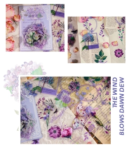 Detail of vintage flower PET stickers featuring purple hydrangeas and butterflies for scrapbooking
