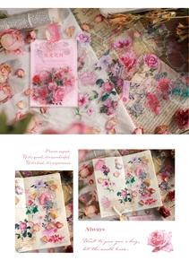 Detail showing vintage floral PET stickers in pink and purple for scrapbooking decor