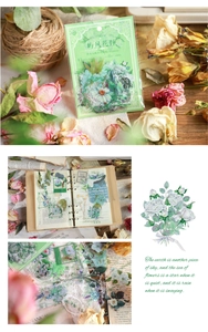 Detail showing vintage floral PET stickers with blue flowers and lace frame decoration