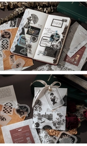 Macrodetail van vintage zwart-wit stickers met zilverfolie en retro-patronen