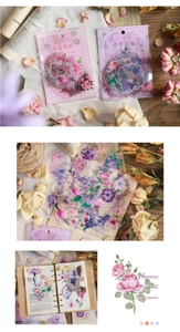 Detail of vintage PET floral stickers showing realistic roses and violets for DIY scrapbooking