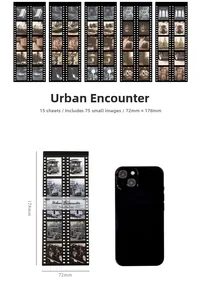 Größenvergleich von Retro-Filmaufklebern neben einem Smartphone mit Maßen