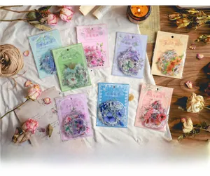 Macro view of vintage floral PET stickers set with 30 pieces of retro flower designs