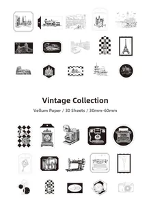 Macro-detail van 30 vintage vellum stickers met camera's en oude naaimachines