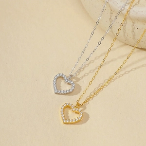 925 silver hollow heart pendant necklaces with cubic zirconia in gold and silver finish