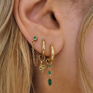 Boucles d'oreilles en argent S925 avec zircon vert, pendentif serpent et fini doré