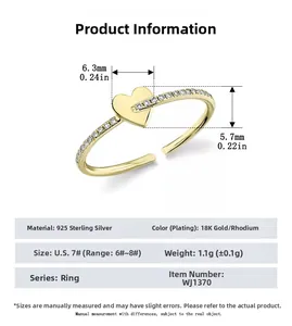 Detail specifications of heart-shaped S925 sterling silver ring with size measurements