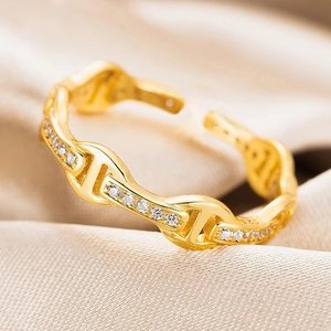 S925 Sterling Silver Pig Nose Anchor Chain Ring For Women 18K Gold Plated Rhinestone Pave Adjustable Finger Ring Minimalist Jewelry