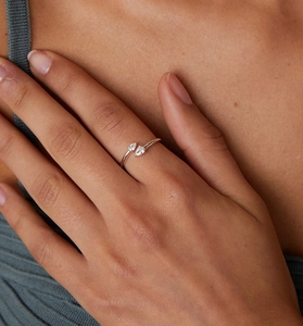 Detail of adjustable silver S925 ring featuring two pear-cut teardrop cubic zirconia stones