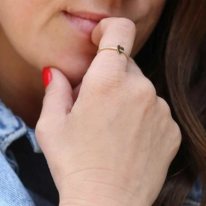 Detail of a dainty gold heart ring featuring delicate paved crystals on a thin band