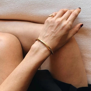 Minimalist gold plated S925 sterling silver open bangle and matching ring set for women