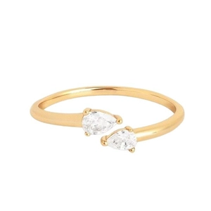 Adjustable gold plated open ring featuring dual pear-shaped white zircon stones