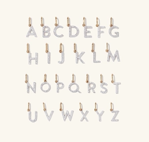 Macro view showing a set of 26 sparkling S925 silver alphabet pendants in rose gold finish