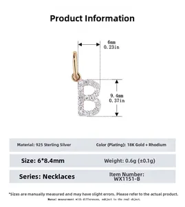 Detailed size specifications for S925 sterling silver pave letter B pendant charm