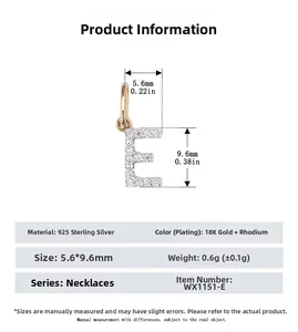 Detailed view of S925 sterling silver letter E pendant with dimensions 5.6mm by 9.6mm