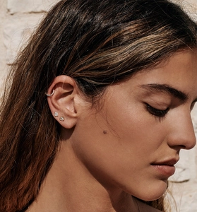Close-up of S925 sterling silver ear cuff and cubic zirconia stud earrings on ear