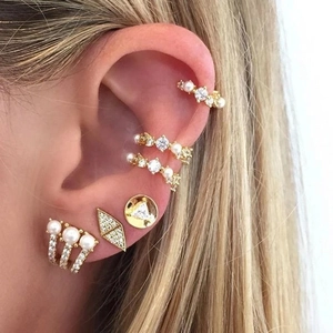 S925 silver triangle stud earrings with pearl and zircon ear cuff set in gold finish