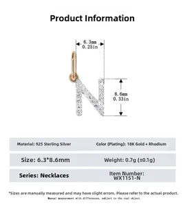 Detailed specs of S925 sterling silver letter N pendant with micro-pave crystals
