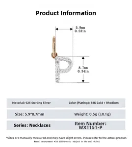 Size chart for S925 silver letter P pendant with dimensions and weight details