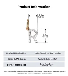 Size chart for S925 sterling silver pave-set letter R pendant with 18K gold plating