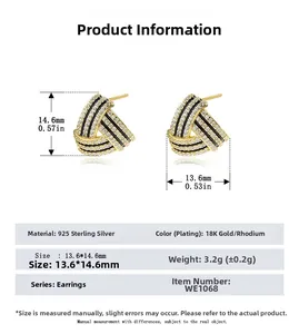 Detailed size chart for 925 sterling silver triangle earrings with inlaid small zircons