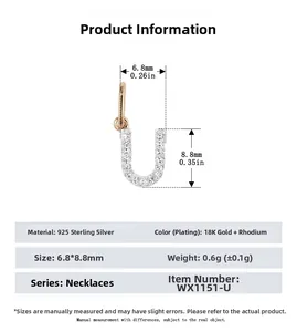 Detailed macro view showing dimensions 6.8x8.8mm of sterling silver U-letter pendant