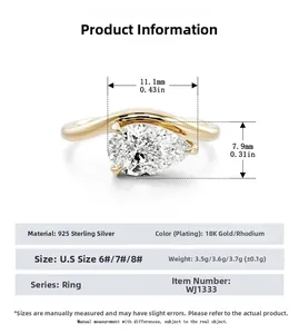 Detailed view of pear-cut zircon ring with measurement markings and silver material specs