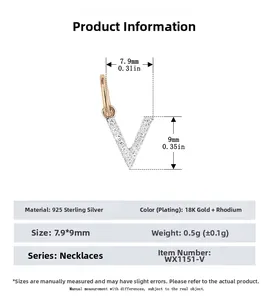 Detailed size specifications of S925 sterling silver letter V pendant with pavé crystals