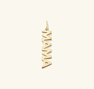 Detailed view of polished gold MAMA letter pendant with a secure closed bail connector