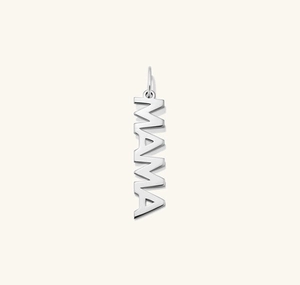 Detail view of a bold geometric S925 sterling silver MAMA letter pendant with a polished finish