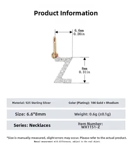 Detail view of 925 sterling silver Z pendant with 18K gold plating and measurements