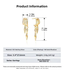 Size guide for S925 silver double layer stud earrings with 18k gold plating details